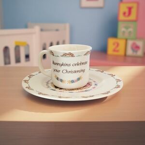Royal Doulton Bunnykins Christening Cup and Saucer Set - Cream and Brown